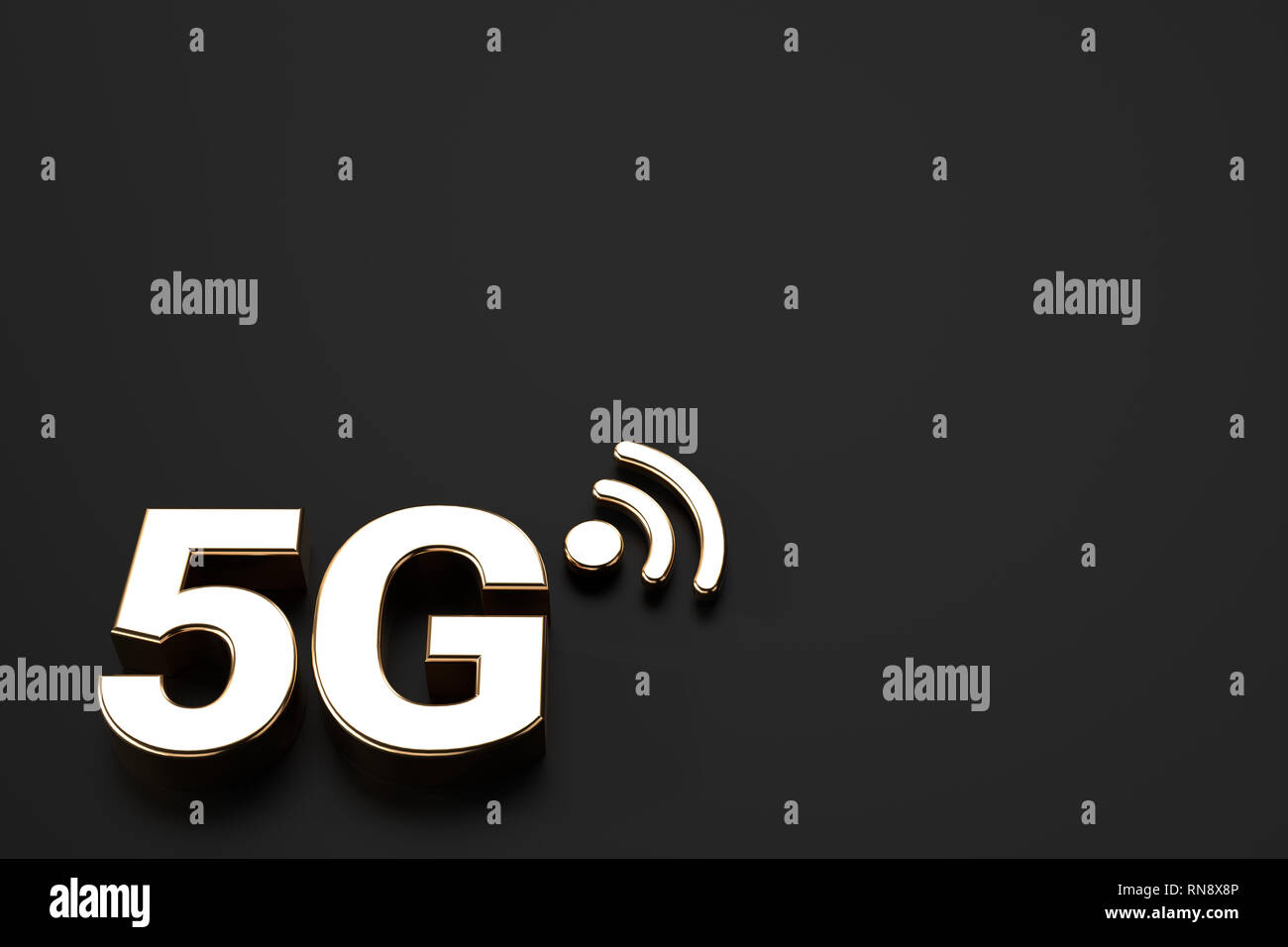 5G-Symbol in der unteren Ecke und schwarzer Hintergrund mit Kopie Raum gelassen. 3D-Rendering Stockfoto