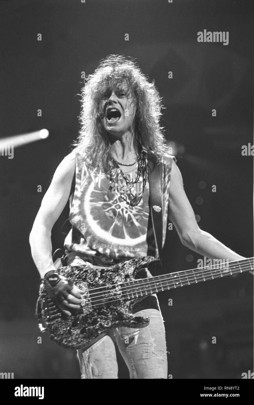 Def Leppard Bassist Rick Savage ist dargestellt auf der Bühne während eines Konzertes aussehen. Stockfoto