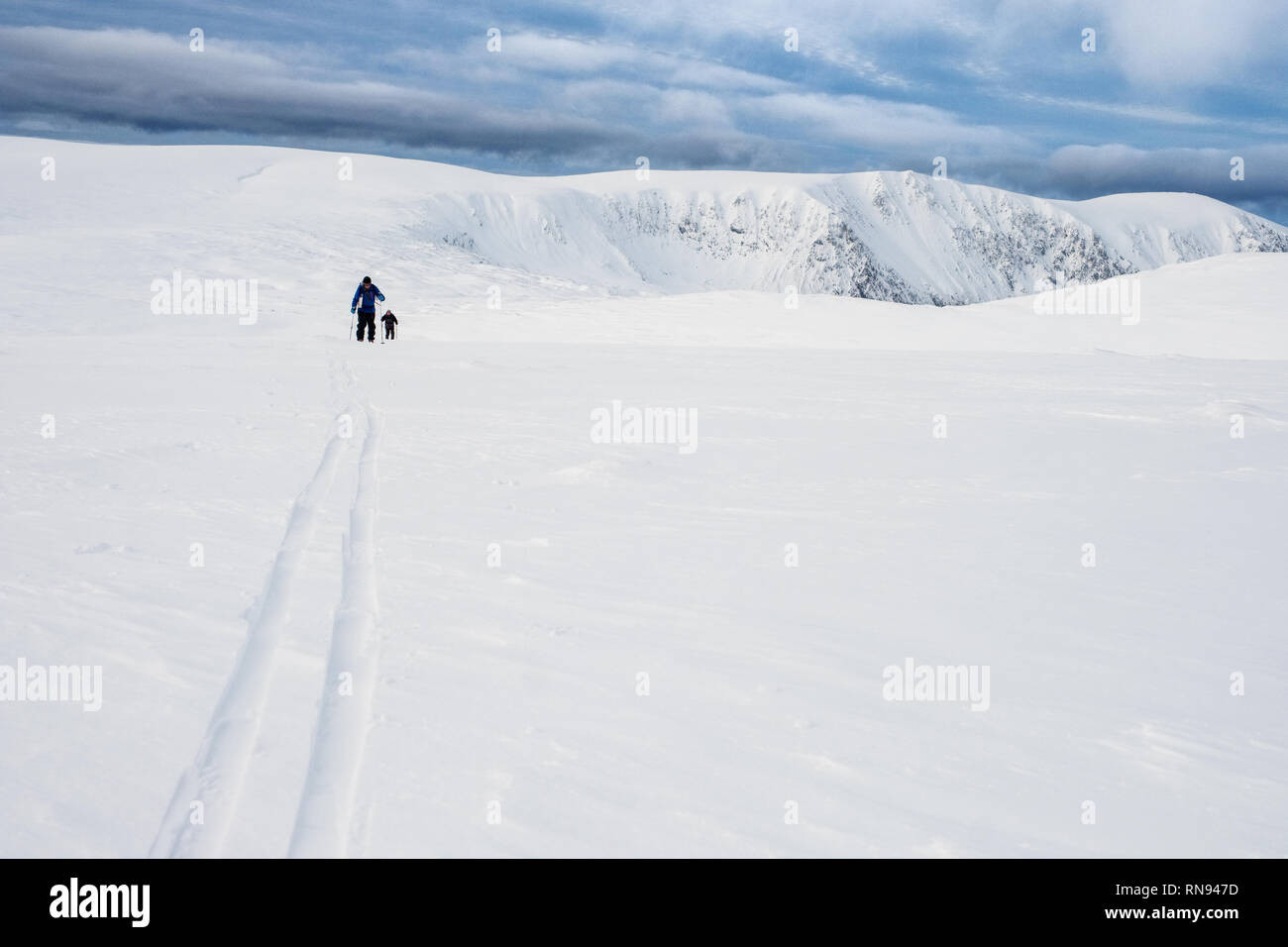 Gruppe von Ski-bergsteiger Skitouren auf der Feshie Hochebene in die Cairngorm Mountains, Schottland, Großbritannien Stockfoto