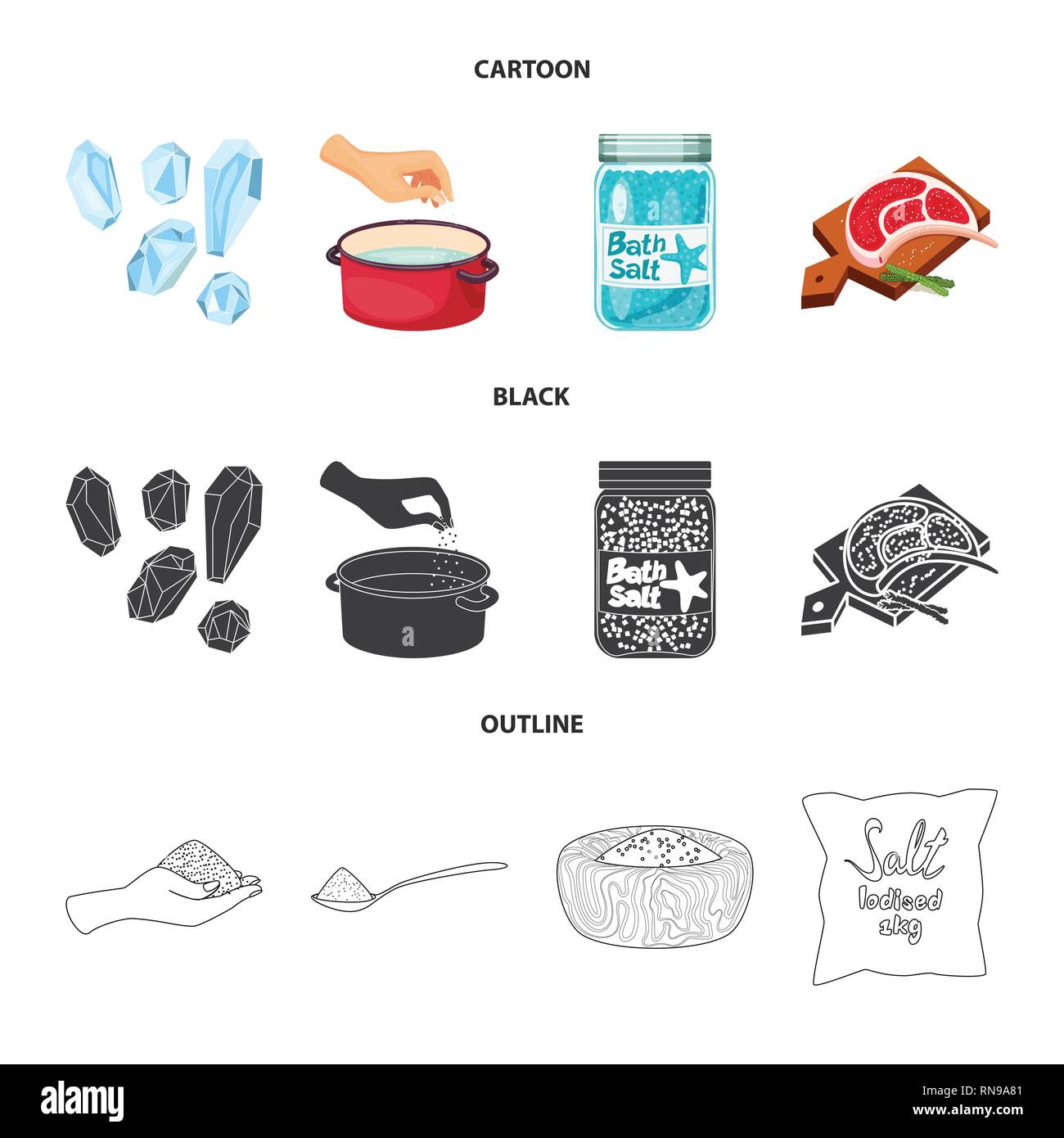 Granulat, Auflauf, Flasche, Fleisch, Salz, Wasser, Brett-, Würfel, Badewanne, Körner, arm, Spa, Restaurant, Gewürze, Vintage, Streuen, Pulver, weiß, Mehl, sauber, Container, Picknick, kochen, Meer, Natur, Backen, Salz, Nahrungsmittel-, Natrium-, Mineral, Raw, Küche, Set, Vector, Icon, Illustration, isoliert, Sammlung, Design, Element, Grafik, Zeichen, Vektor, Vektoren, Stock Vektor