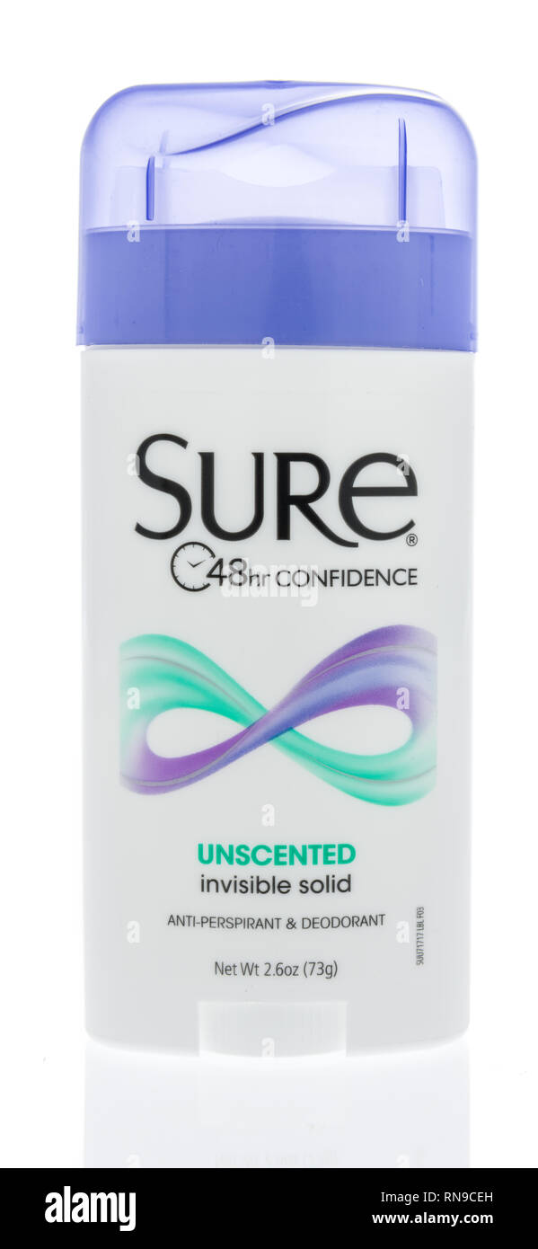 Winneconne, WI - 14. Februar 2019: ein Stick von Sicher womans Deodorant auf einem isolierten Hintergrund Stockfoto