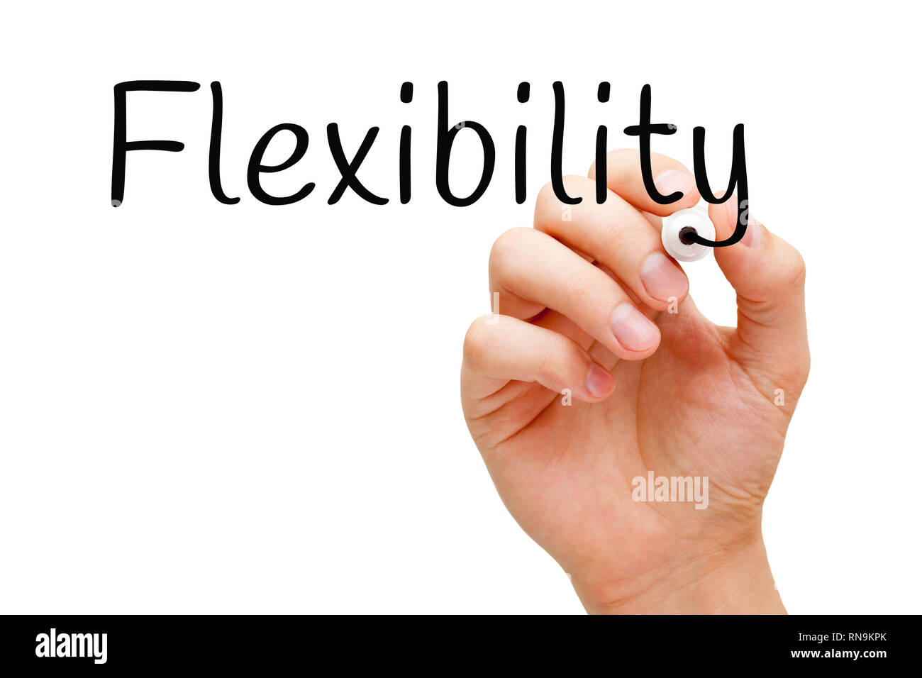 Hand schreiben das Wort Flexibilität mit schwarzem Marker auf Transparenten abwischen. Konzept über die Anpassungsfähigkeit und die Fähigkeit, nach der s ändern Stockfoto