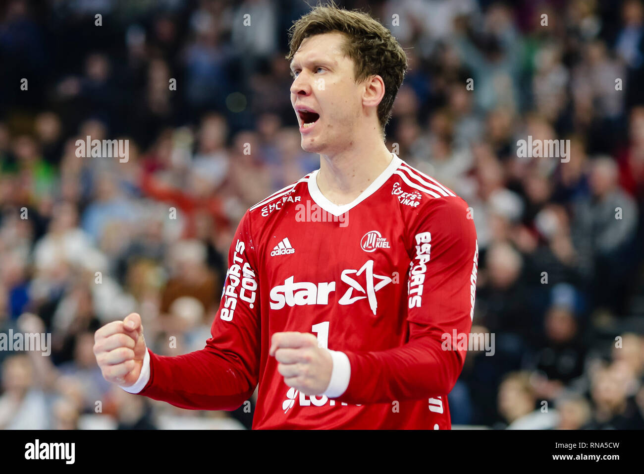 Kiel, Deutschland. 17 Feb, 2019. Handball: Bundesliga, THW Kiel - SC Magdeburg, den 21. Spieltag. Kieler Torwart Niklas Landin jubelt. Credit: Frank Molter/dpa/Alamy leben Nachrichten Stockfoto