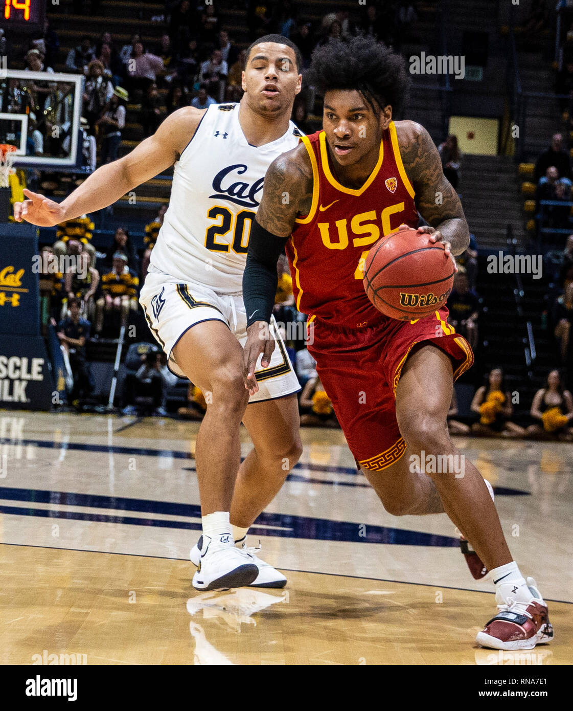 Hass Pavillon Berkeley Calif, USA. 16 Feb, 2019. CA USA USC guard Kevin Porter, Jr. (4) Laufwerke mit dem Korb beim Basketballspiel der NCAA Men zwischen der Universität von Südkalifornien Trojanern und den Kalifornien goldenen Bären 89-66 Gewinn an Hass Pavillon Berkeley Calif Thurman James/CSM/Alamy leben Nachrichten Stockfoto