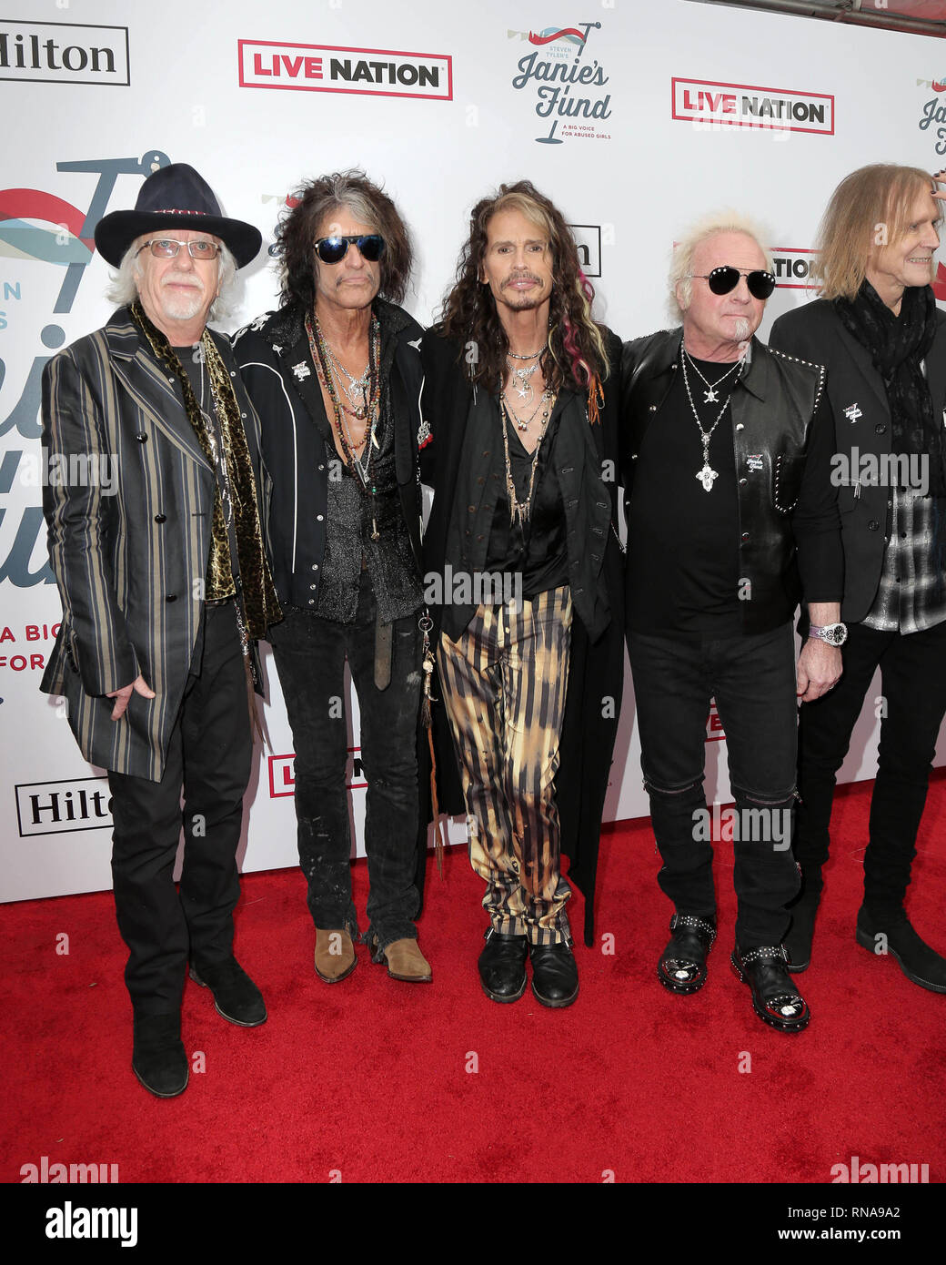 Los Angeles, CA, USA. 10 Feb, 2019. LOS ANGELES - Feb 10: Brad Whitford, Joe Perry, Joey Kramer, Tom Hamilton, Steven Tyler, Aerosmith am 2019 Steven Tyler's Grammy anzeigen Party in der Raleigh Studios am Februar 10, 2019 in Los Angeles, CA Credit: Kay Blake/ZUMA Draht/Alamy leben Nachrichten Stockfoto