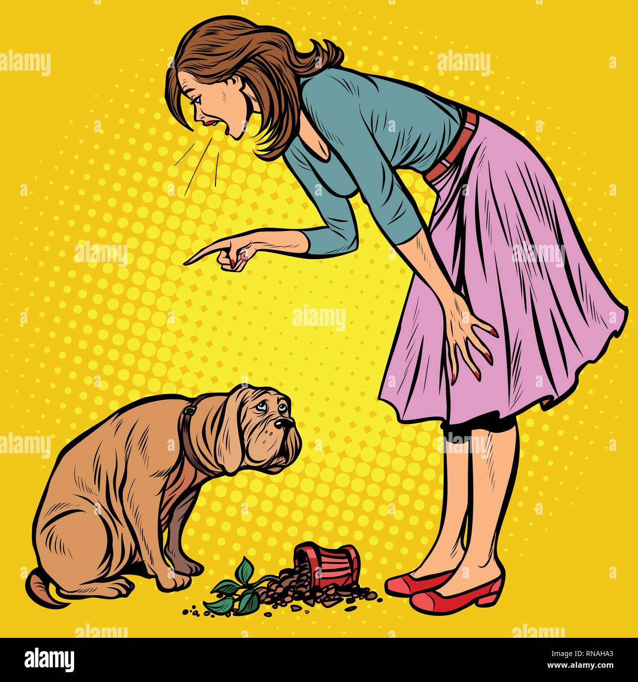 Frau schimpft mit Schuldig Hund. Gefäß mit Blume. Pop Art retro Vektor illustration Vintage kitsch Stock Vektor