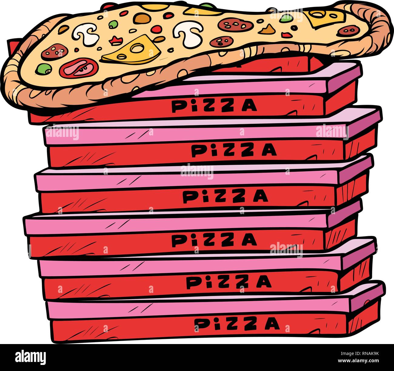 Pizza Box viel auf weißem Hintergrund isolieren. Pop Art retro Vektor illustration Vintage kitsch Stock Vektor