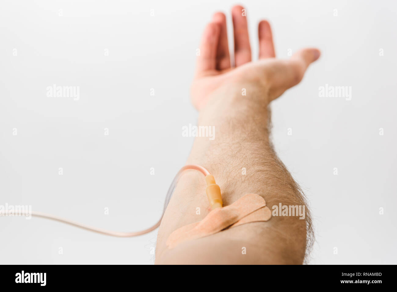 Teilweise mit Blick auf die blutspender mit Katheter und Putze auf grauem Hintergrund, Blutspende Konzept Stockfoto