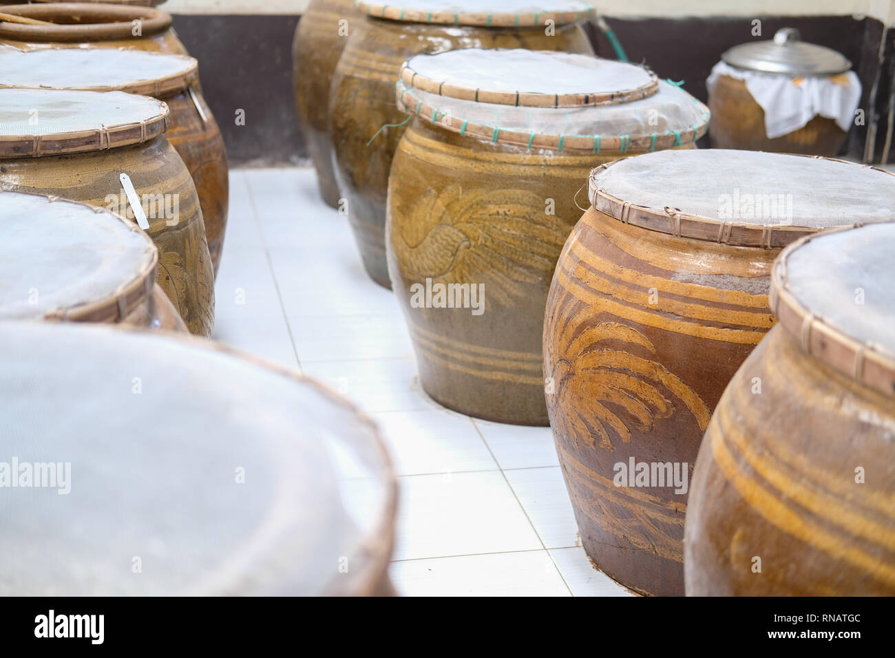 Gesalzene Sojabohnenpaste in jar fermentiert. Soja Produktion Stockfoto