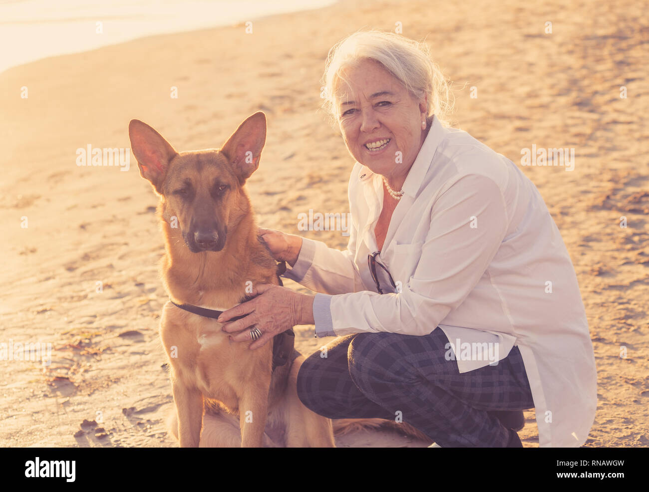 Porträt der schönen Witwe ältere Frau und Deutscher Schäferhund Hund genießen ihre Begleiter und Liebe am Strand in Vorteile von Tieren aktiven Ruhestand lifes Stockfoto