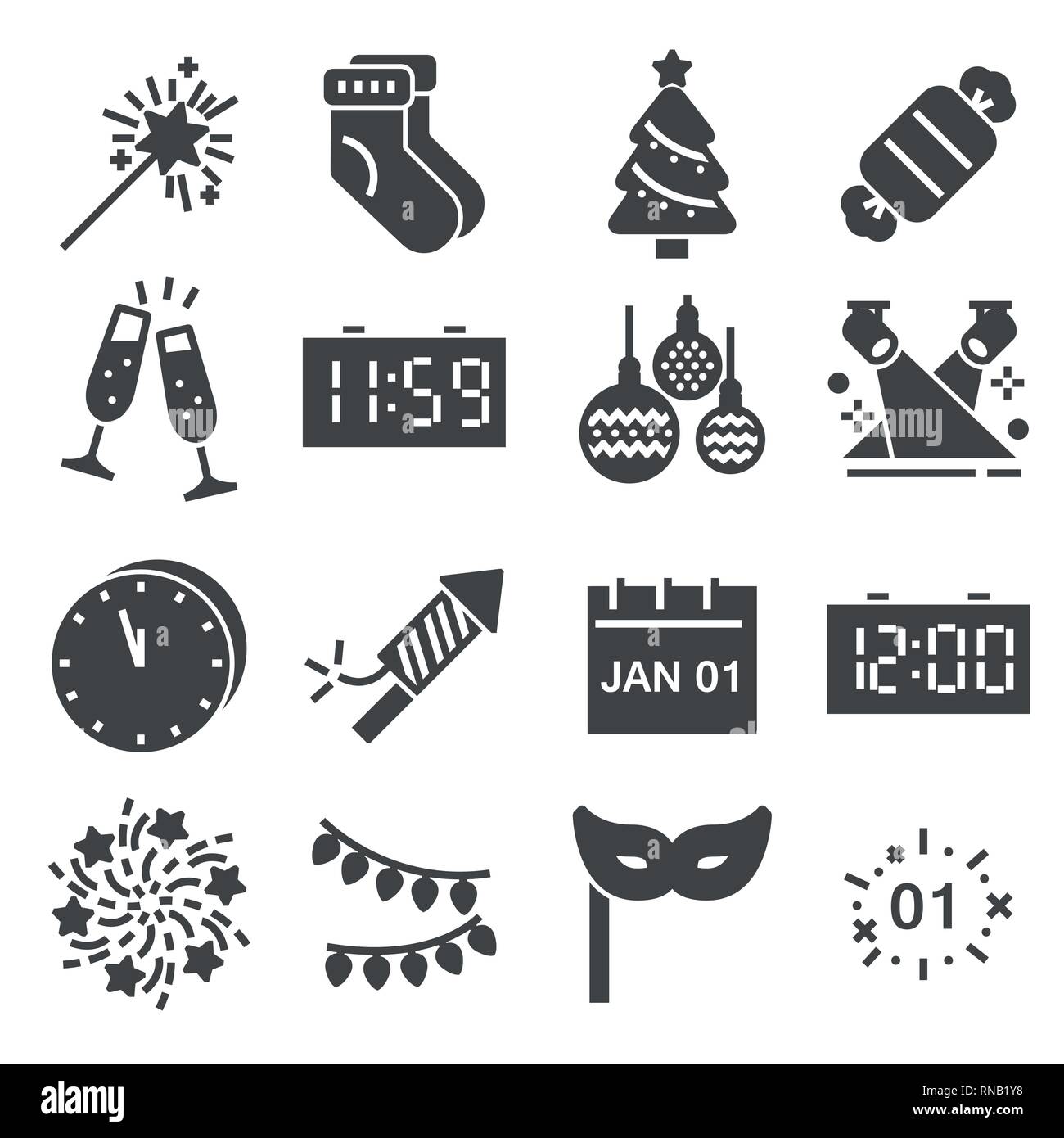 Frohes Neues Jahr graue Symbole gesetzt. Vektorgrafiken Stock Vektor