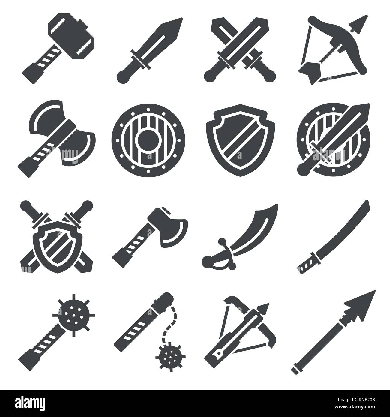 Mittelalterliche Waffen und Rüstungen. Mittelalterliche Krieger. Schwert, Schwert, Dolch, ax, männlich und mehr Stock Vektor