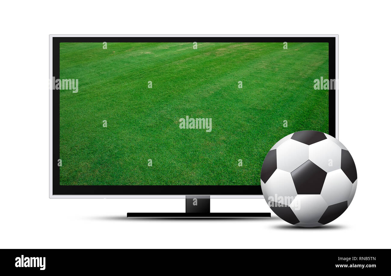 3D-Fernsehgerät mit Fußballfeld und Kugel Stockfoto