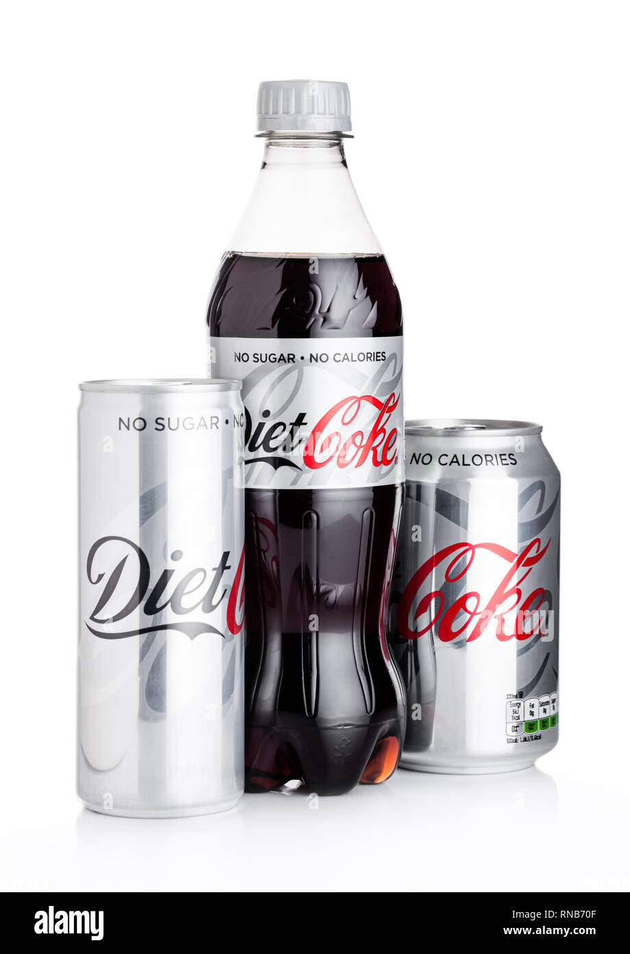 LONDON, Großbritannien - 06 Februar, 2019: Flasche Diät Coca-Cola auf weißem Hintergrund. Coca-Cola ist einer der beliebtesten Soda Produkte in der Welt. Stockfoto