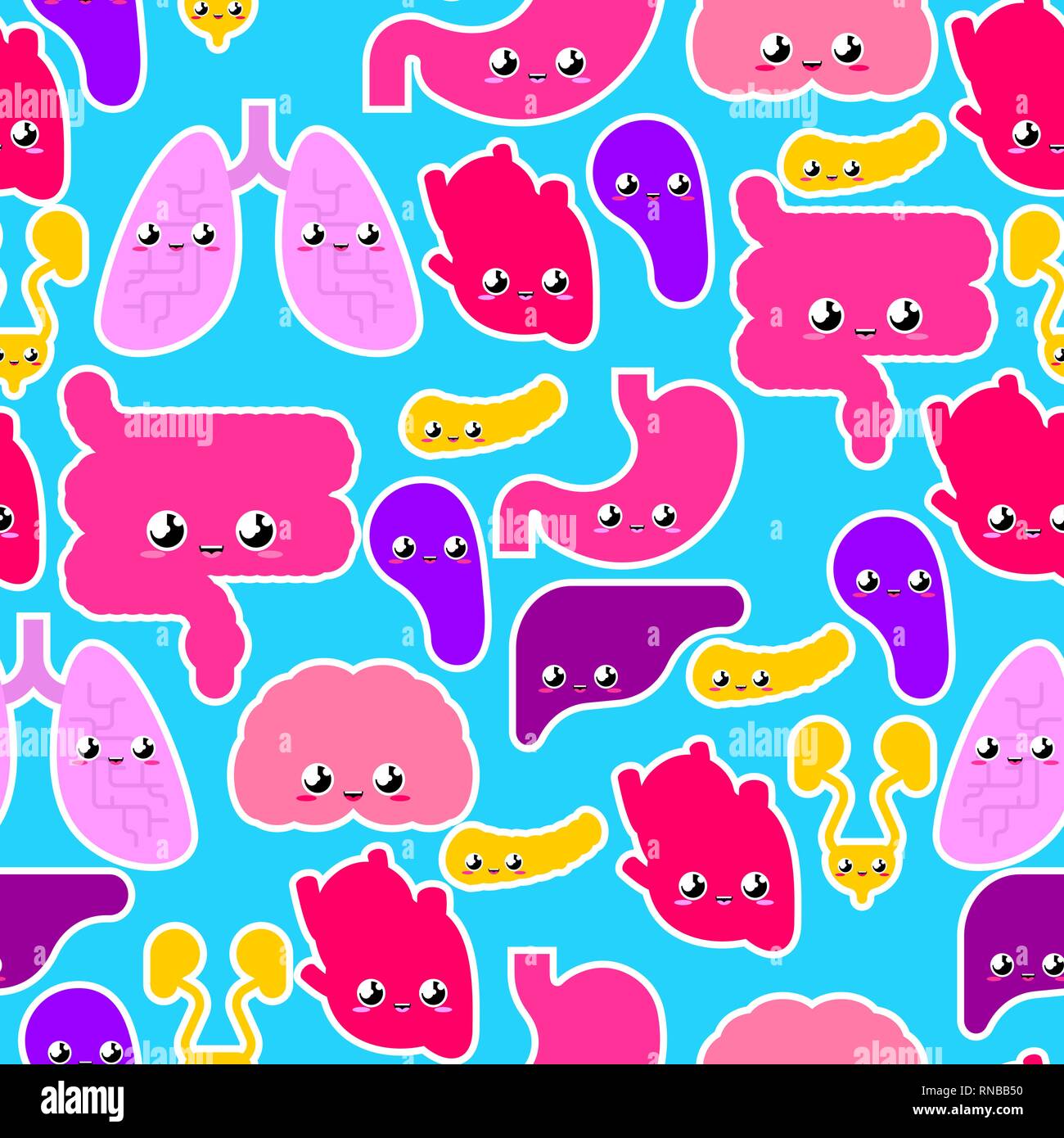 Cute menschliche Innere Organe Muster Nahtlose. Anatomie Hintergrund Cartoon Stil. Systeme des Menschen Körper und Organe Ornament. Medical Systems Textur kids c Stock Vektor