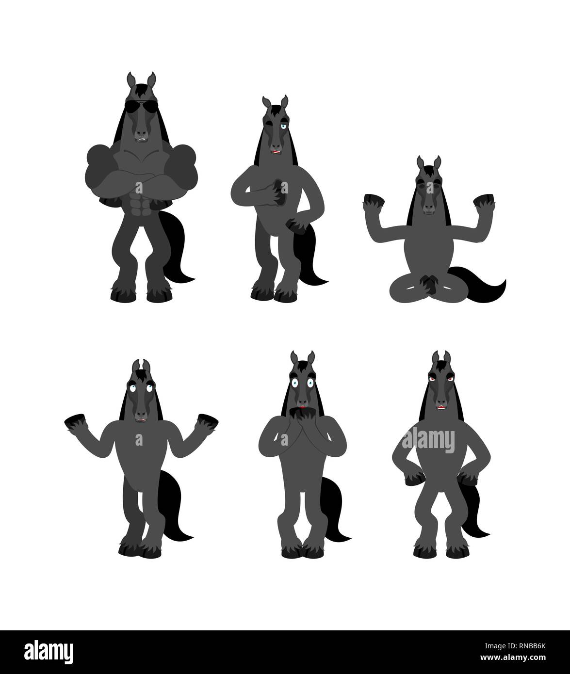 Pferd gesetzt. Pferd glücklich und Yoga. hoss Schlaf- und wütend. schuldig und traurig. Vector Illustration Stock Vektor