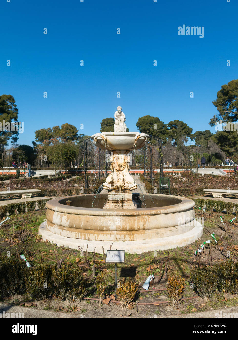 Madrid, Spanien - 27. Januar 2018: Brunnen des Gartens von Rosen in Buen Retiro Park. Parque De Las Rosas auf Spanisch) im Botanischen Garten im Park Stockfoto