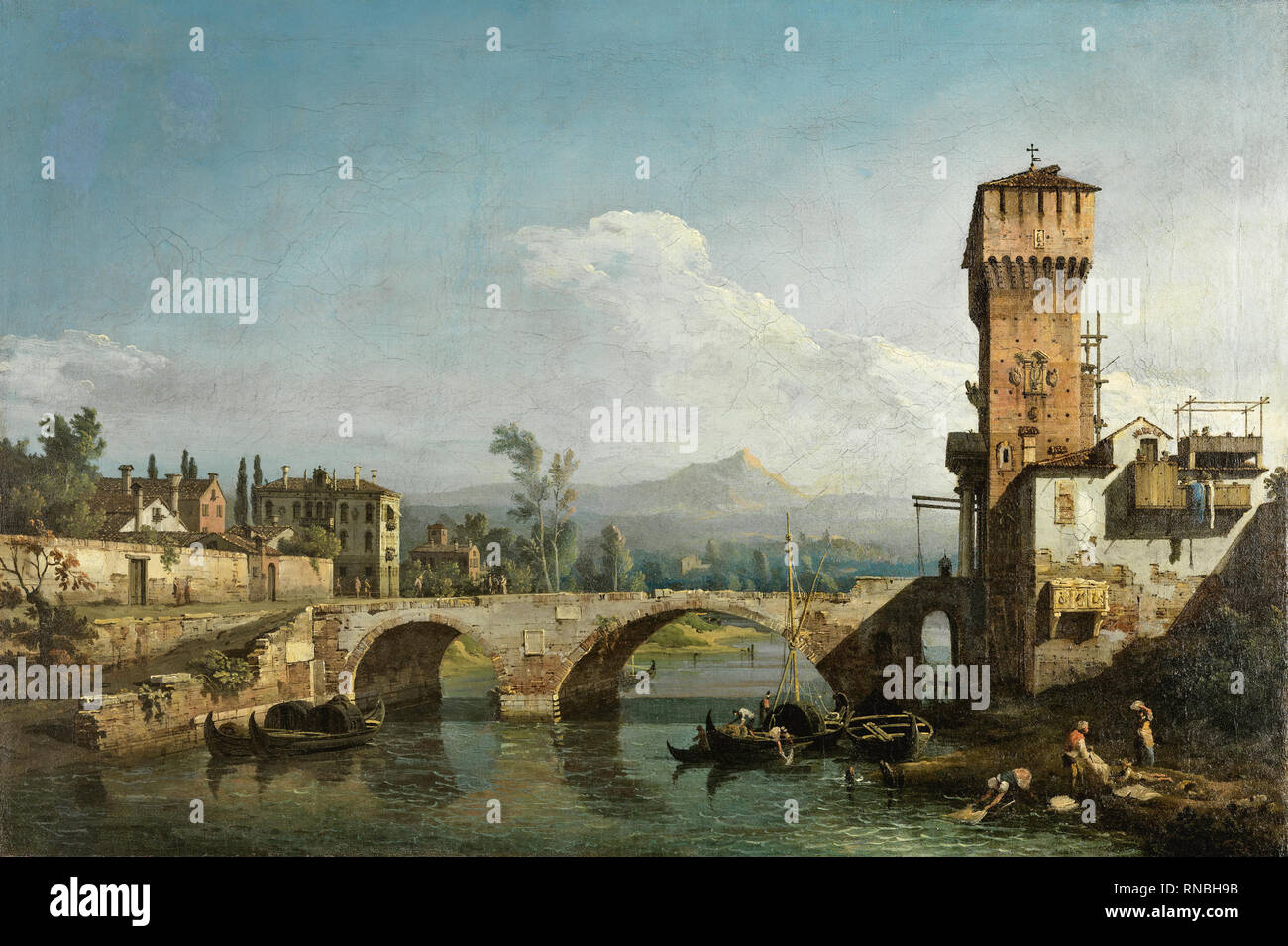 Bernardo Bellotto (Venedig, 1720 - Warschau, 1780). Capriccio mit einem Fluss und Brücke (Ca. 1745). Öl auf Leinwand. 48,5 x 73 cm. Museum: Museo Nacional Thyssen-Bornemisza, Madrid. Stockfoto