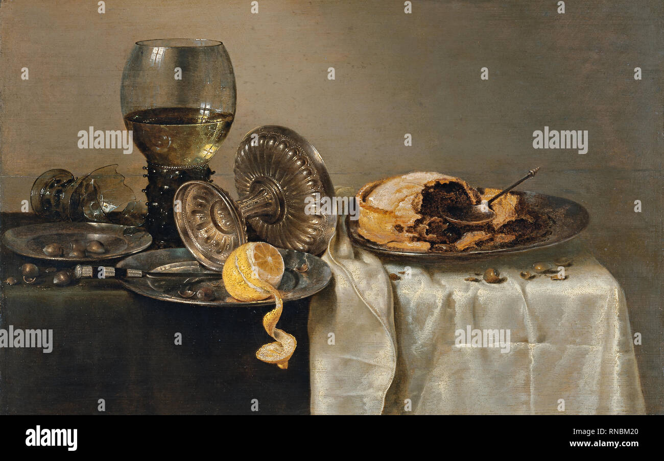 Willem Claesz. Heda (Haarlem, 1593/94-1680). Stillleben mit Obst Torte und verschiedene Objekte (1634). Öl auf Leinwand. 43,7 x 68,2 cm. Museum: Museo Nacional Thyssen-Bornemisza, Madrid. Stockfoto