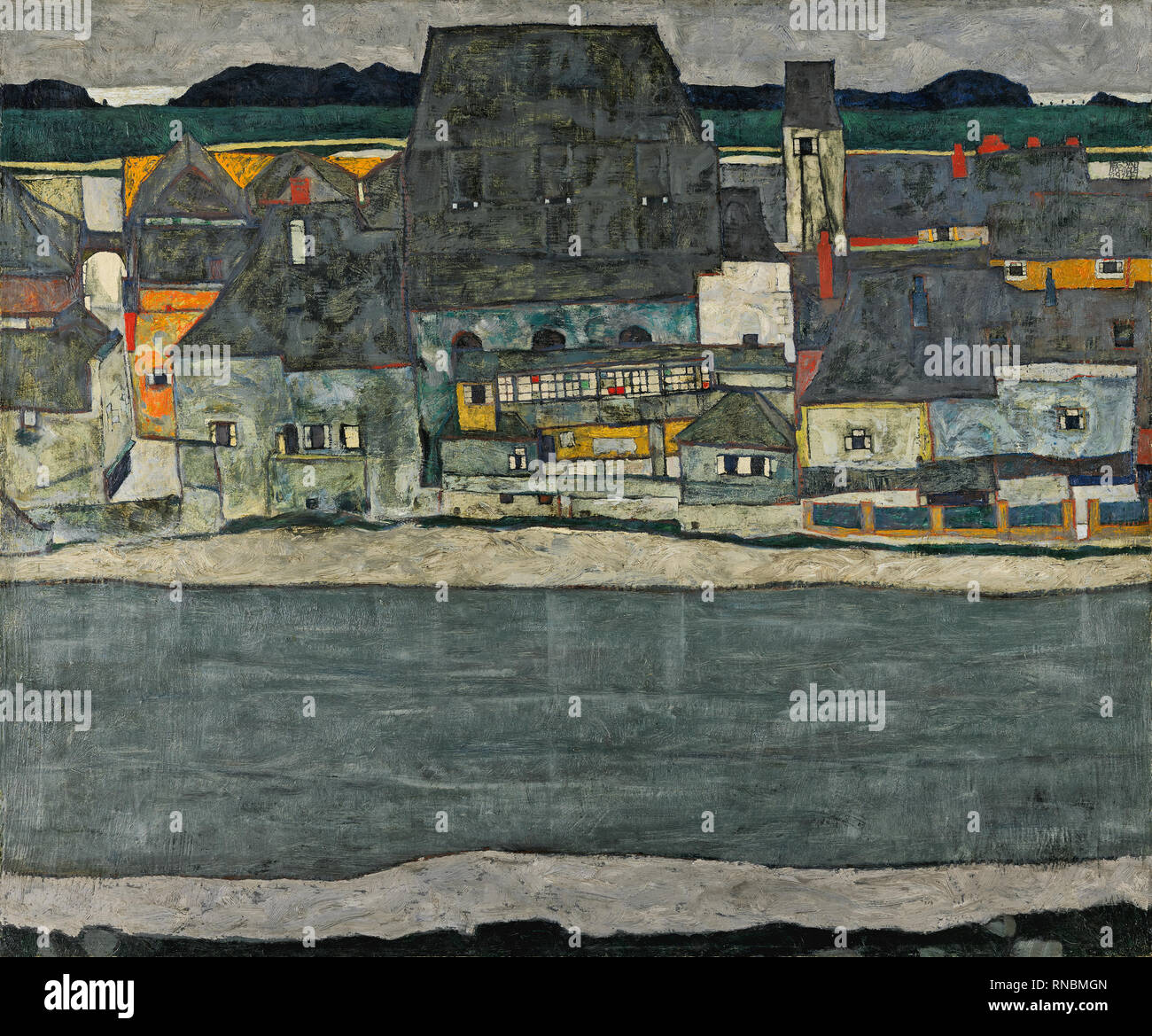 Egon Schiele (Tulln, 1890-Wien, 1918). Häuser am Fluß (die Altstadt) (1914). Öl auf Leinwand. 100 x 120,5 cm. Museum: Museo Nacional Thyssen-Bornemisza, Madrid. Stockfoto