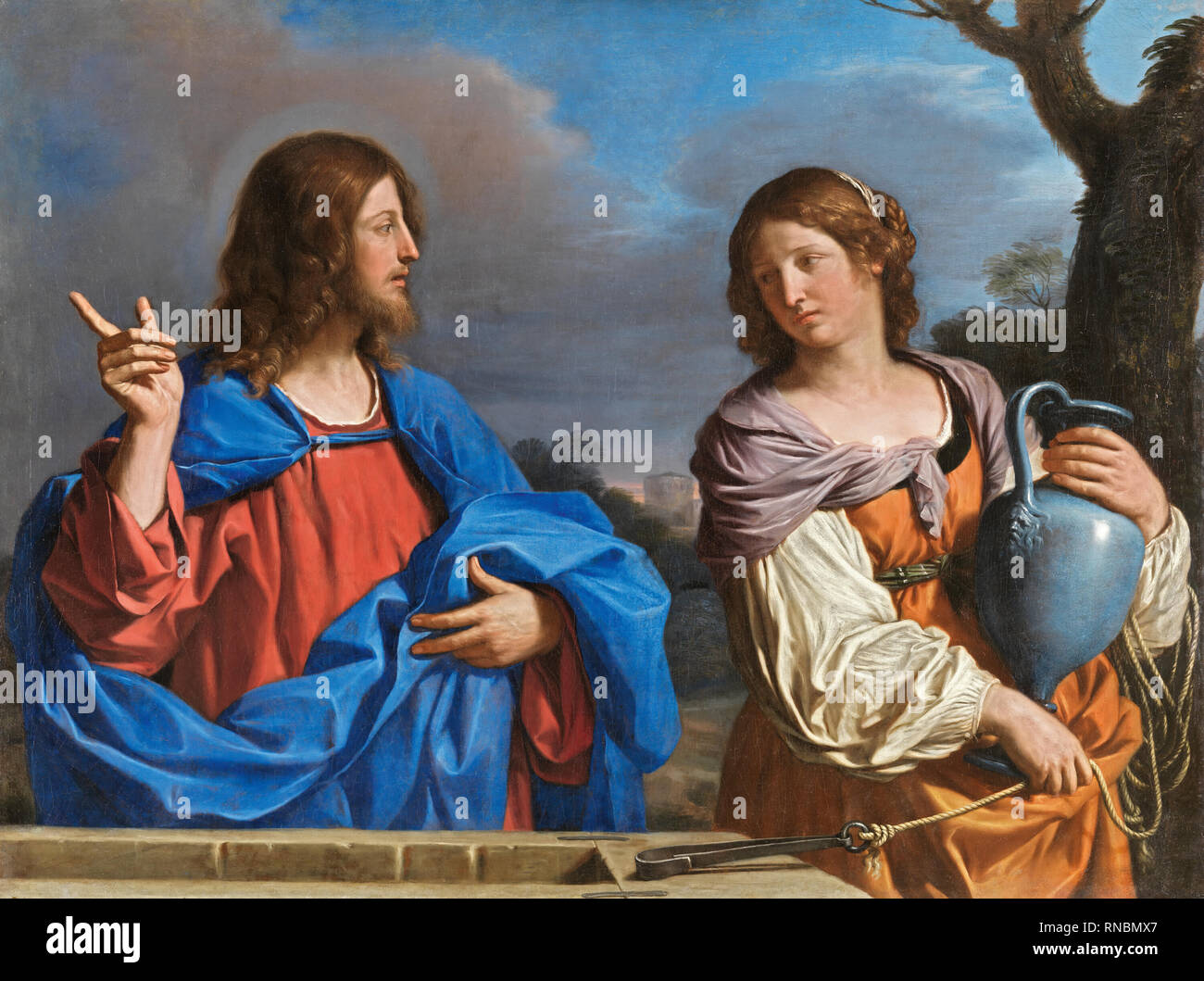 Guercino (Cento, 1591 - Bologna, 1666). Christus und die Frau von Samaria an der Gut (Ca. 1640 - 1641). Öl auf Leinwand. 116 x 156 cm. Museum: Museo Nacional Thyssen-Bornemisza, Madrid. Stockfoto