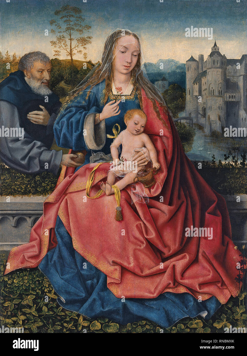 Meister von Frankfurt ((?), 1460 - Antwerpen 1533). Die Heilige Familie (Ca. 1508). Öl auf Leinwand. 76 x 57 cm. Museum: Museo Nacional Thyssen-Bornemisza, Madrid. Stockfoto