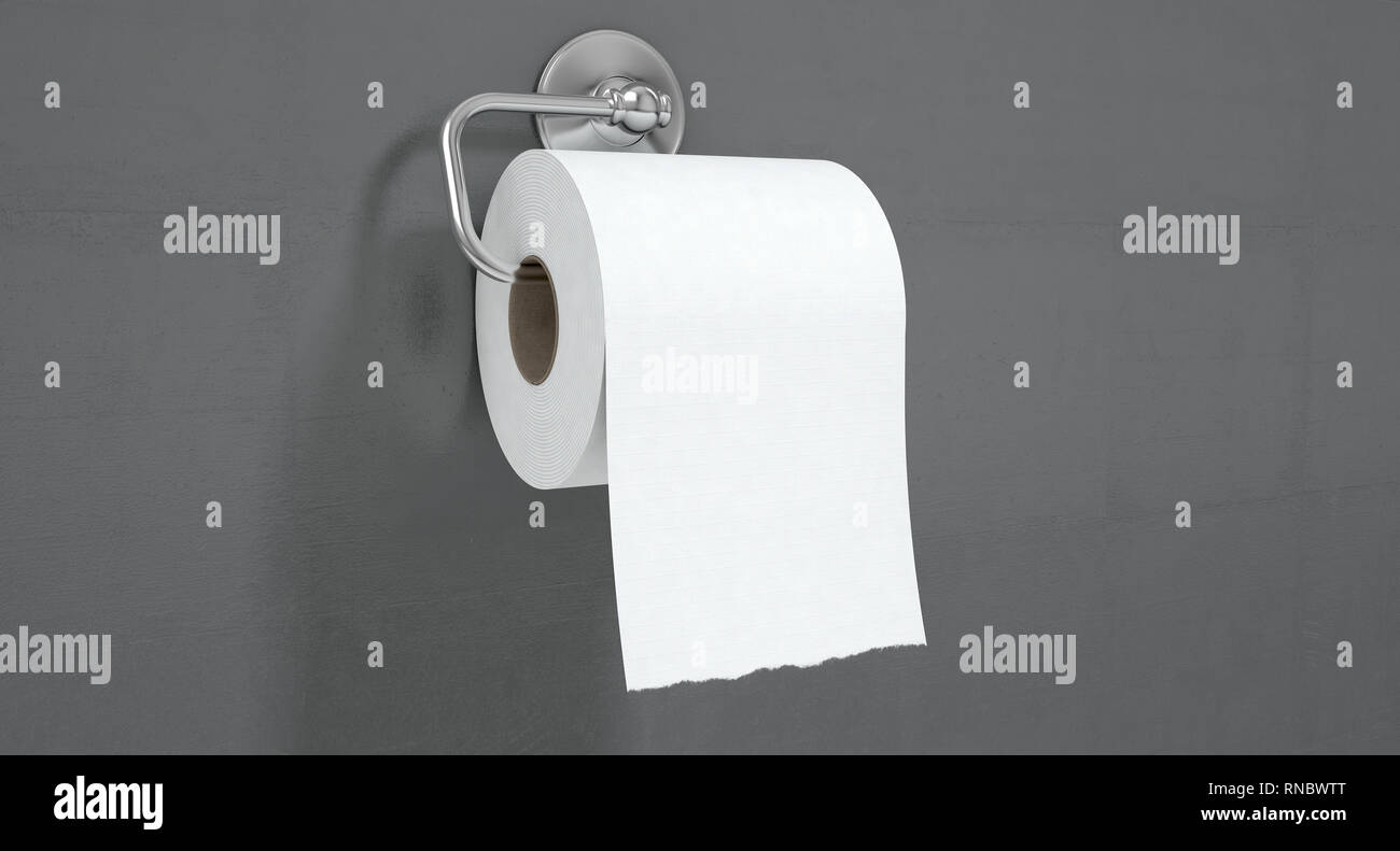 Eine Rolle weißen wc Papier hängen an einem Chrom WC-Papierhalter an einem isolierten weiße strukturierte Hintergrund - 3D-Rendering Stockfoto