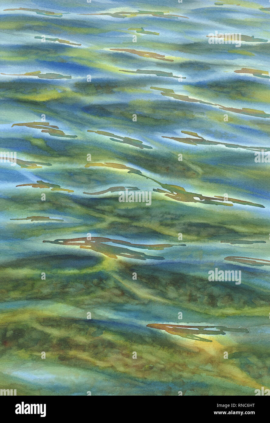 Sonnige Meer mit transparenten Wellen Aquarell Hintergrund Stockfoto