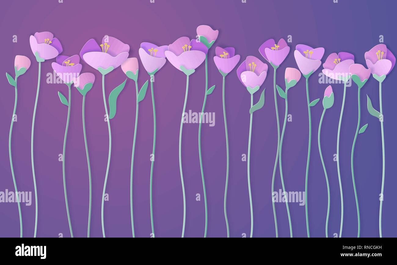 Papier schneiden 3d Frühling Blumen Banner in Lila und violetten Farben. Dekorative Elemente für Urlaub Design. Vector Illustration Papier schneiden Stil. Stock Vektor