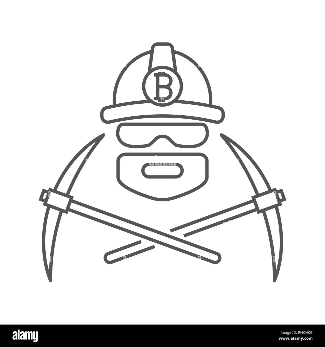 Bergmann Logo. Bergbau Bitcoin Crypto Währungen. Arbeiter mit Spitzhacke. Editierbare Schlaganfall. Stock Vektor