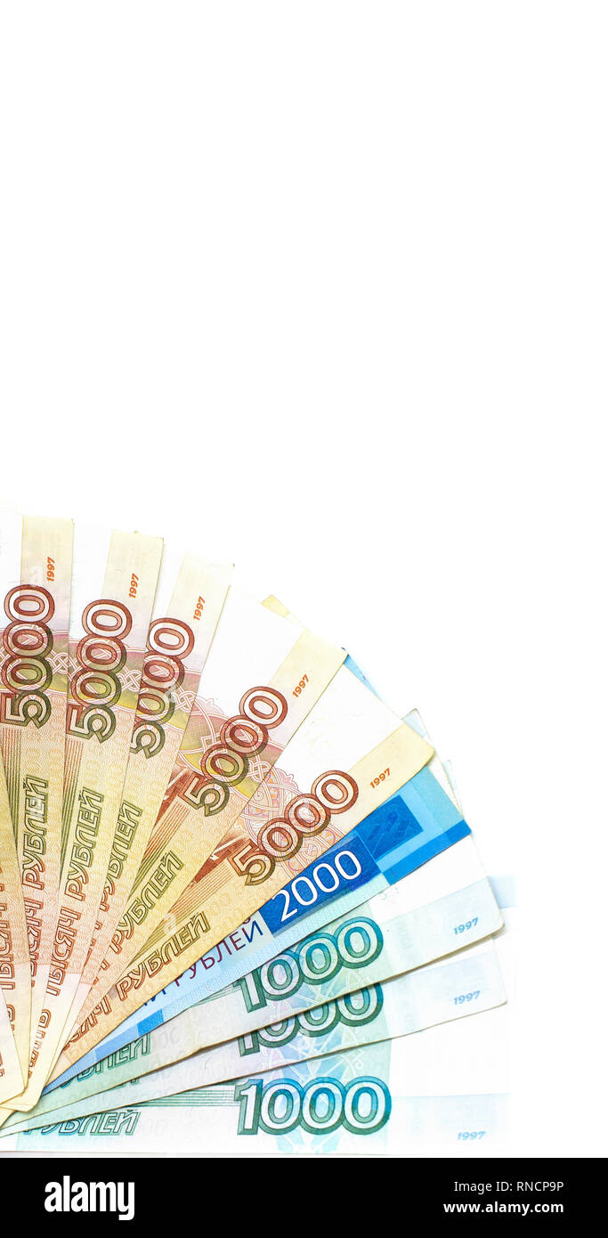 Russischer Rubel Banknote geld Papier Bargeld. Auf weissem Hintergrund. Vertikale Rahmen Orientierung Stockfoto