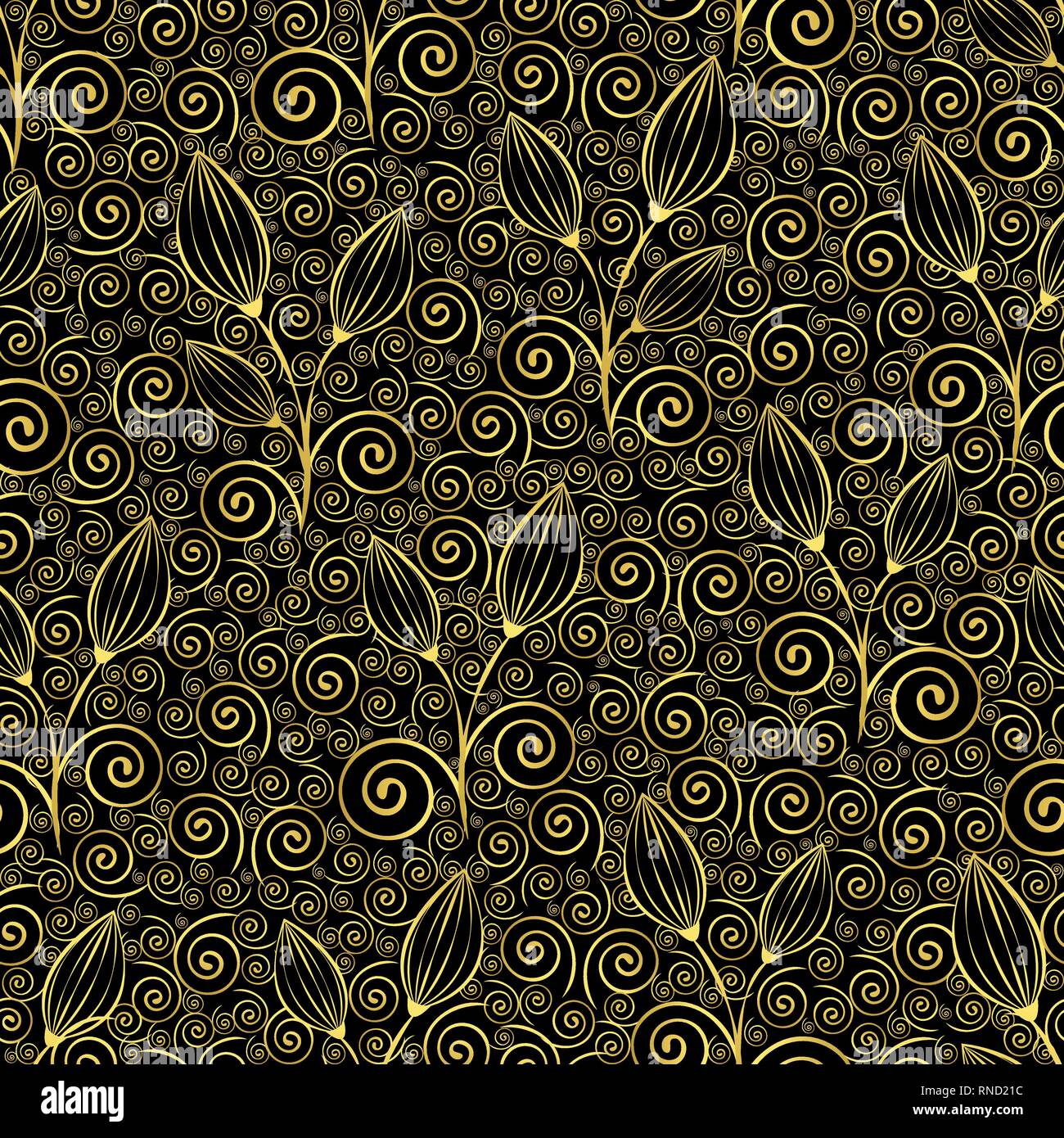 Abstrakte gold Blumen nahtlose Muster, Luxus Ornament, minimalistisch, Illustration, vector Hintergrund. Golden geschlossenen Knospen, Stiele und spiralförmige locken Lac Stock Vektor