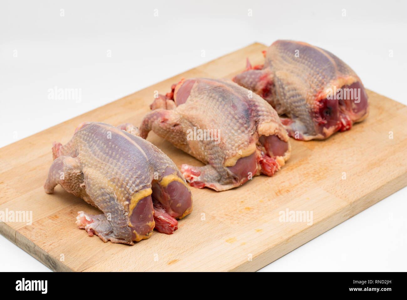Drei gerupft und vorbereitet ungekocht woodpigeons auf einer hölzernen Schneidebrett und weißen Hintergrund. Die woodpigeon, Columba Palumbus, ist einer von Großbritanniens Stockfoto