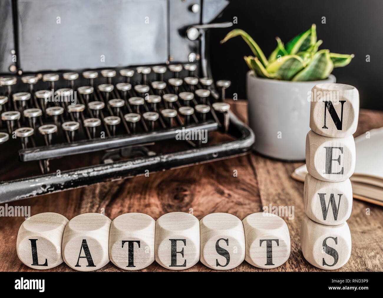 Worte, die neuesten Nachrichten auf Holzklötze mit Vintage Schreibmaschine und Topfpflanzen im Hintergrund Stockfoto