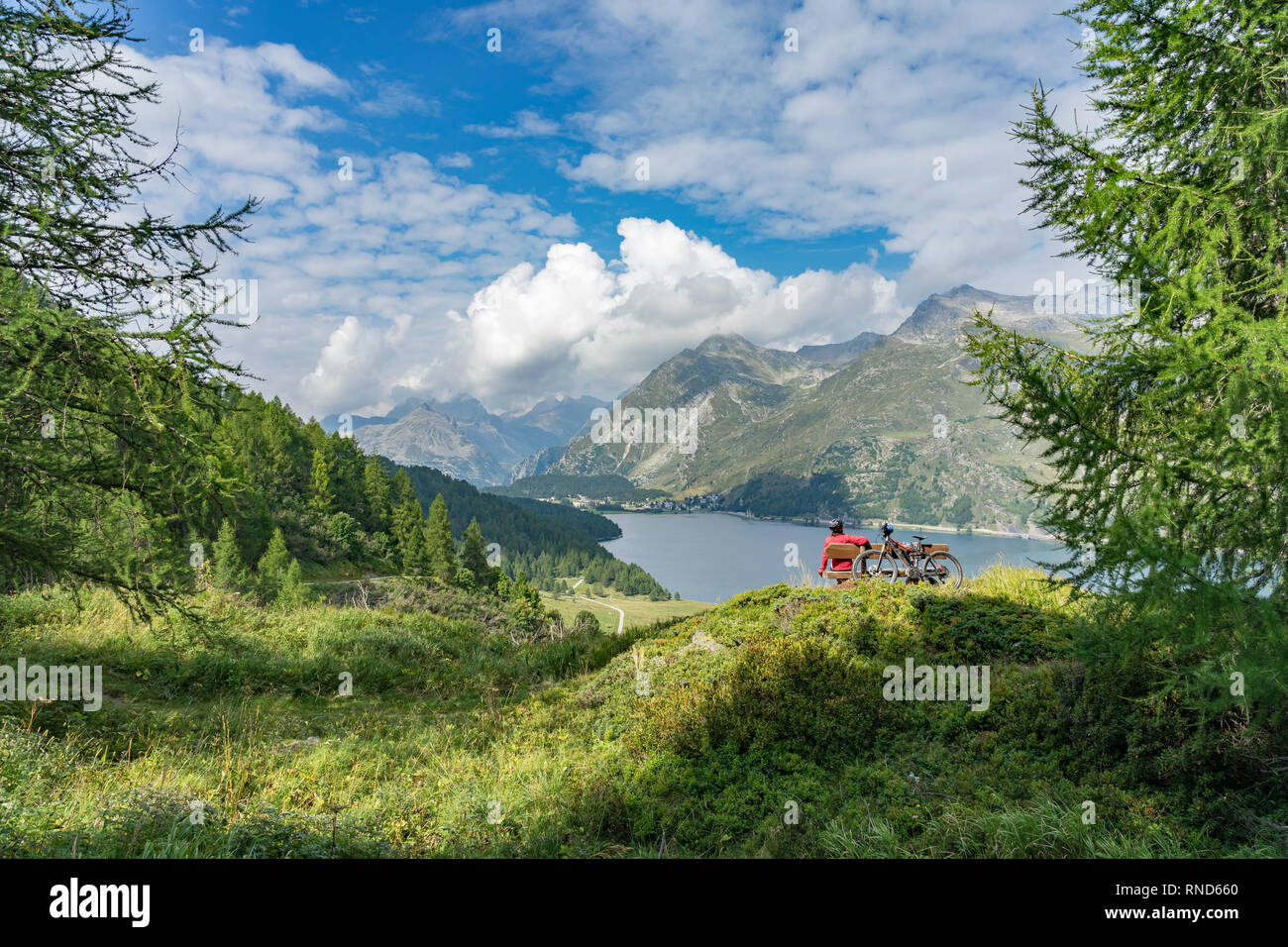 Ältere Frau, Reiten hier e-Mountainbike auf der berühmten Wanderwege rund um die Seen im Oberengadin, zwischen St. Moritz und Maloja, Schweiz Stockfoto