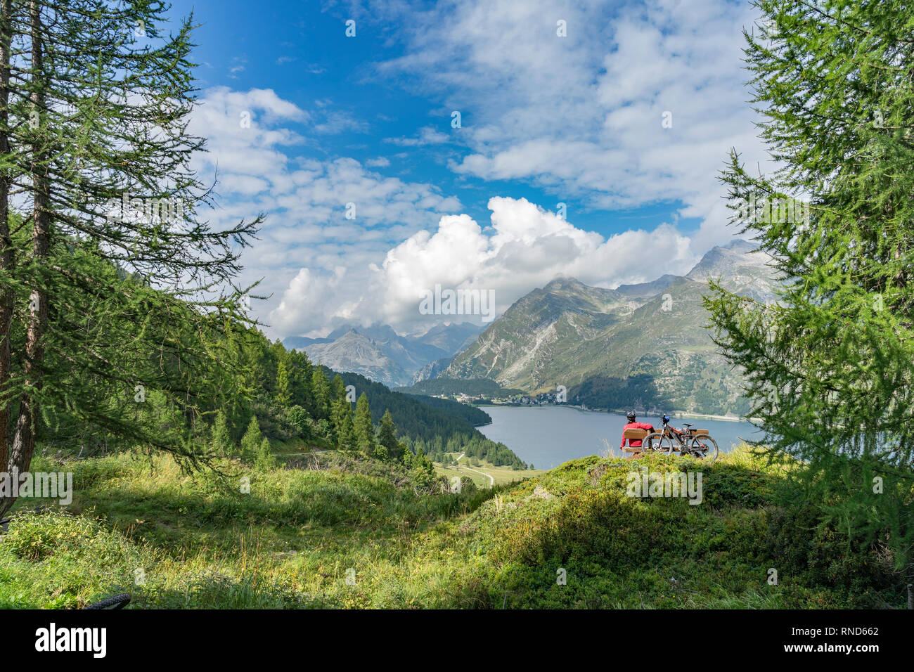 Ältere Frau, Reiten hier e-Mountainbike auf der berühmten Wanderwege rund um die Seen im Oberengadin, zwischen St. Moritz und Maloja, Schweiz Stockfoto