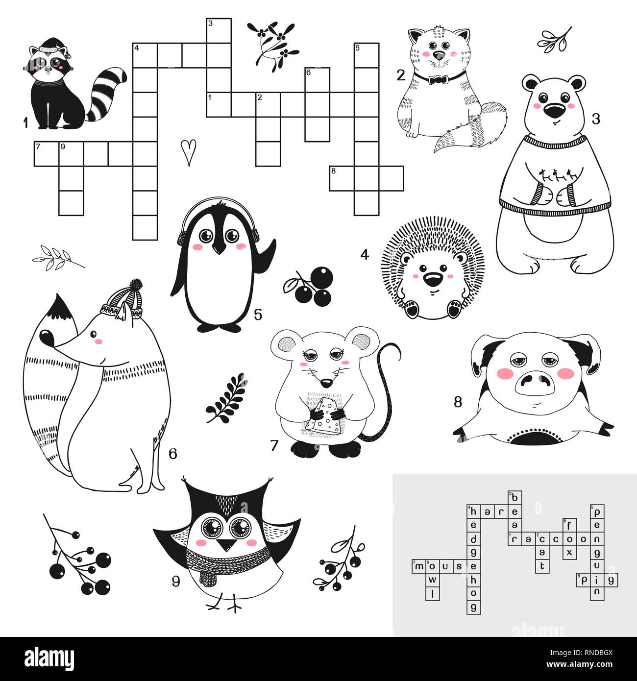 Kreuzworträtsel. Bildung Spiel für Kinder mit verschiedenen Tieren. Vector Illustration in Skizze Stil Stock Vektor
