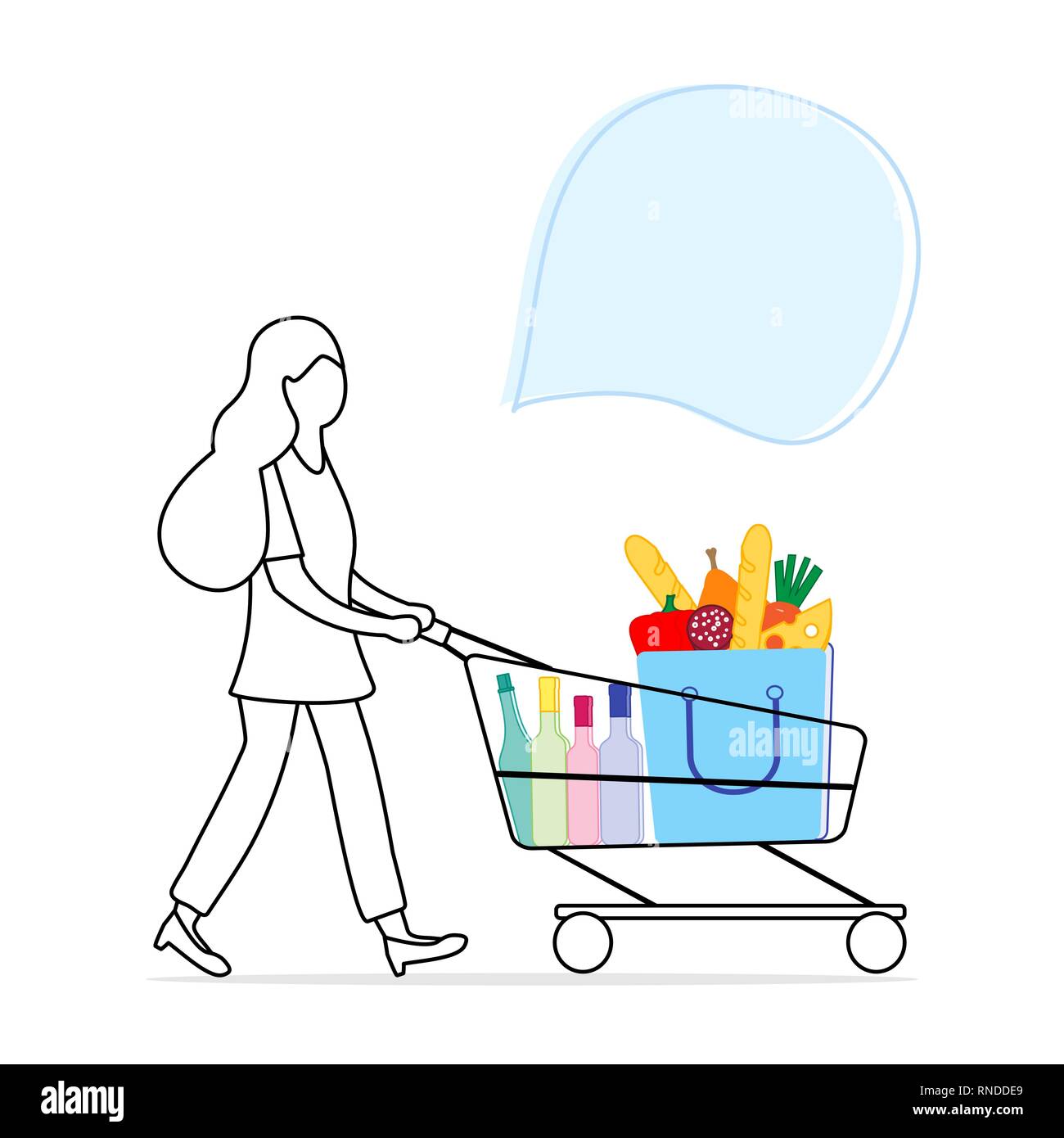 Vector Illustration mit Frau, die einen Warenkorb mit Speisen und Getränke aus dem Supermarkt. Shopping Konzept. Design für Ansage, advertis Stock Vektor