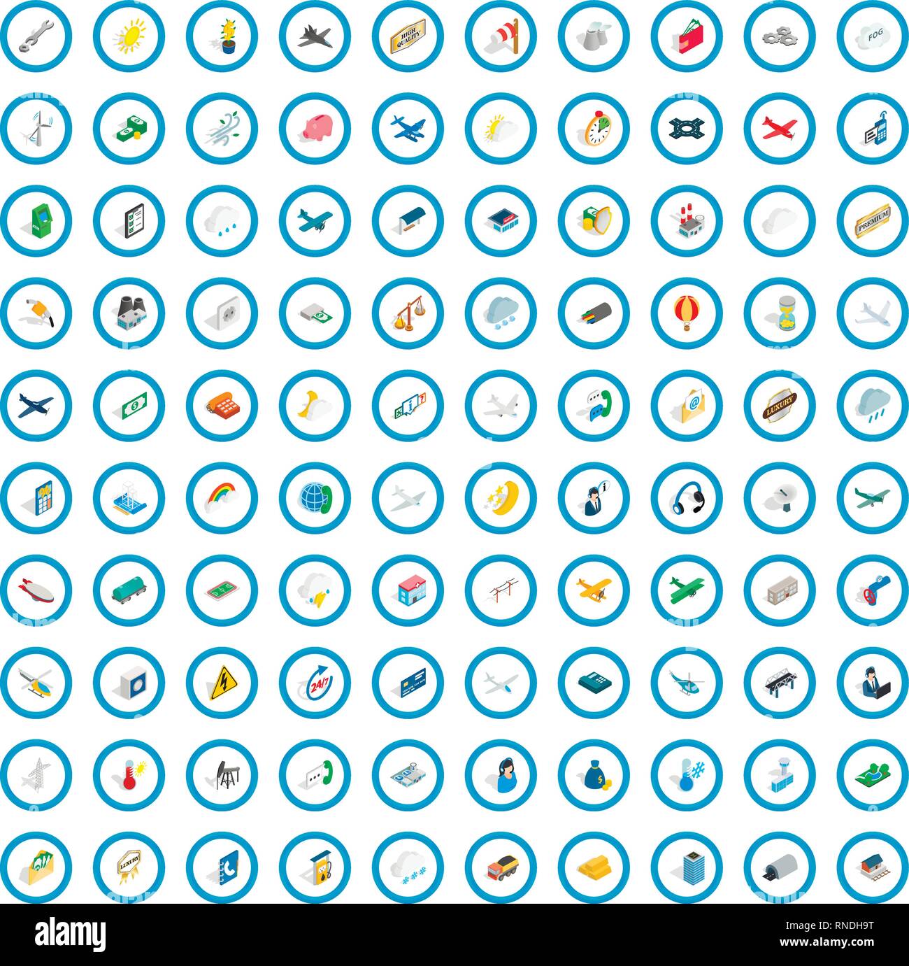 100 Flugzeug Icons Set, isometrischen 3d Stil Stock Vektor