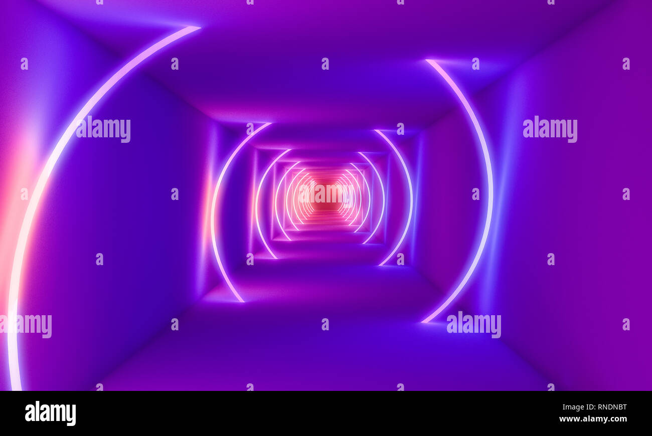 Neonleuchten in abstrakten Tunnel 3D Rendering image Stockfoto