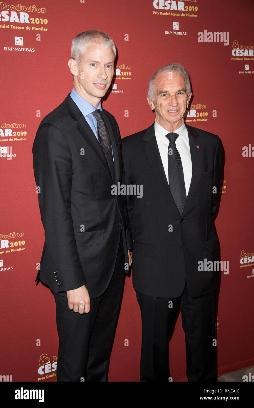 Franck Riester Kulturminister und Alain Terzian besucht des Erzeugers Abendessen Cesar 2019 im Four Seasons Hotel George V statt Stockfoto