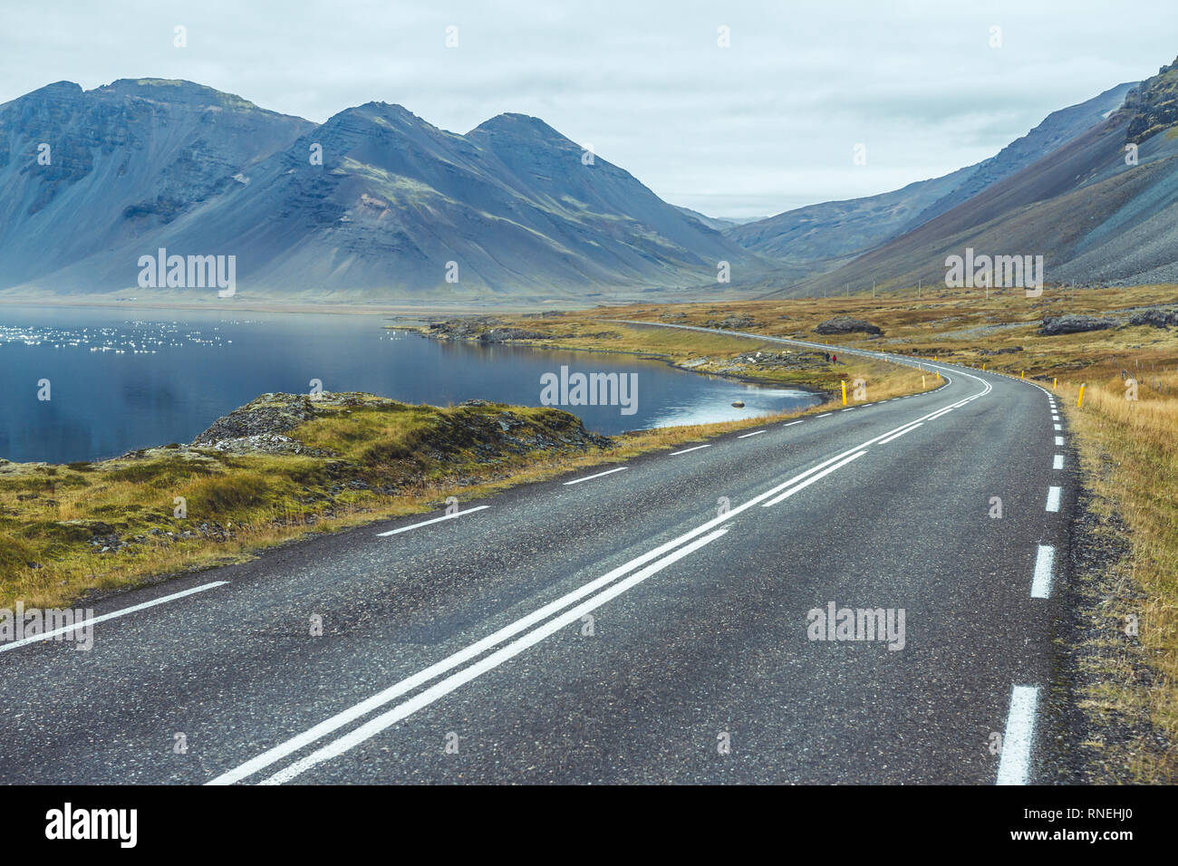 Leere Straße durch die erstaunliche Landschaft in Island Stockfoto