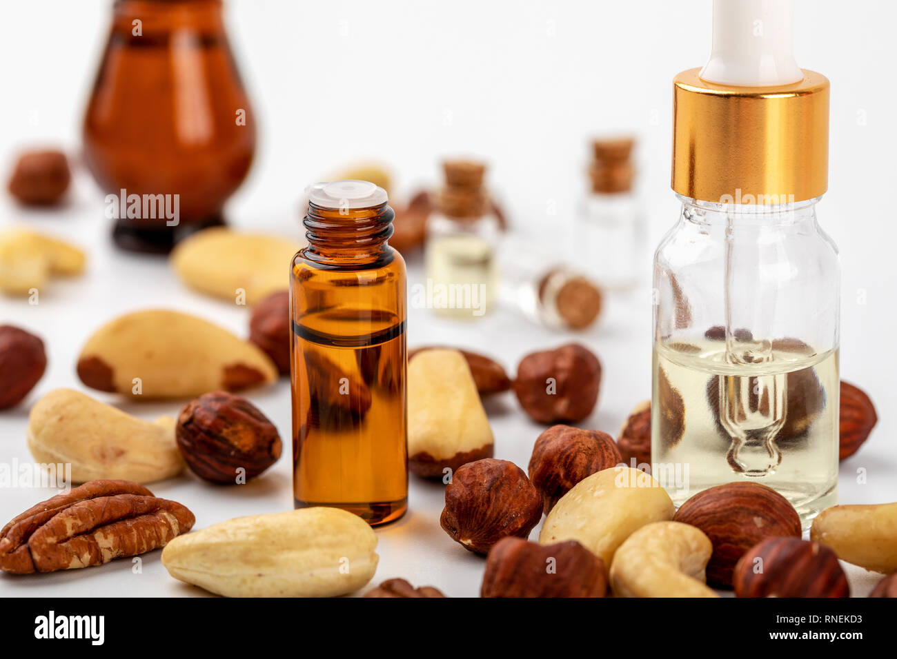 Nussöl Parfümflakons und Muttern auf weißem Hintergrund Stockfoto