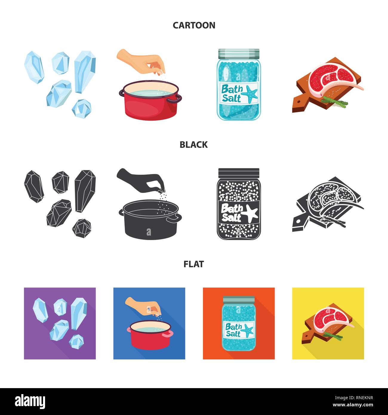 Granulat, Auflauf, Flasche, Fleisch, Salz, Wasser, Brett-, Würfel, Badewanne, Körner, arm, Spa, Restaurant, Gewürze, Vintage, Streuen, Pulver, weiß, Mehl, sauber, Container, Picknick, kochen, Meer, Natur, Backen, Salz, Nahrungsmittel-, Natrium-, Mineral, Raw, Küche, Set, Vector, Icon, Illustration, isoliert, Sammlung, Design, Element, Grafik, Zeichen, Vektor, Vektoren, Stock Vektor