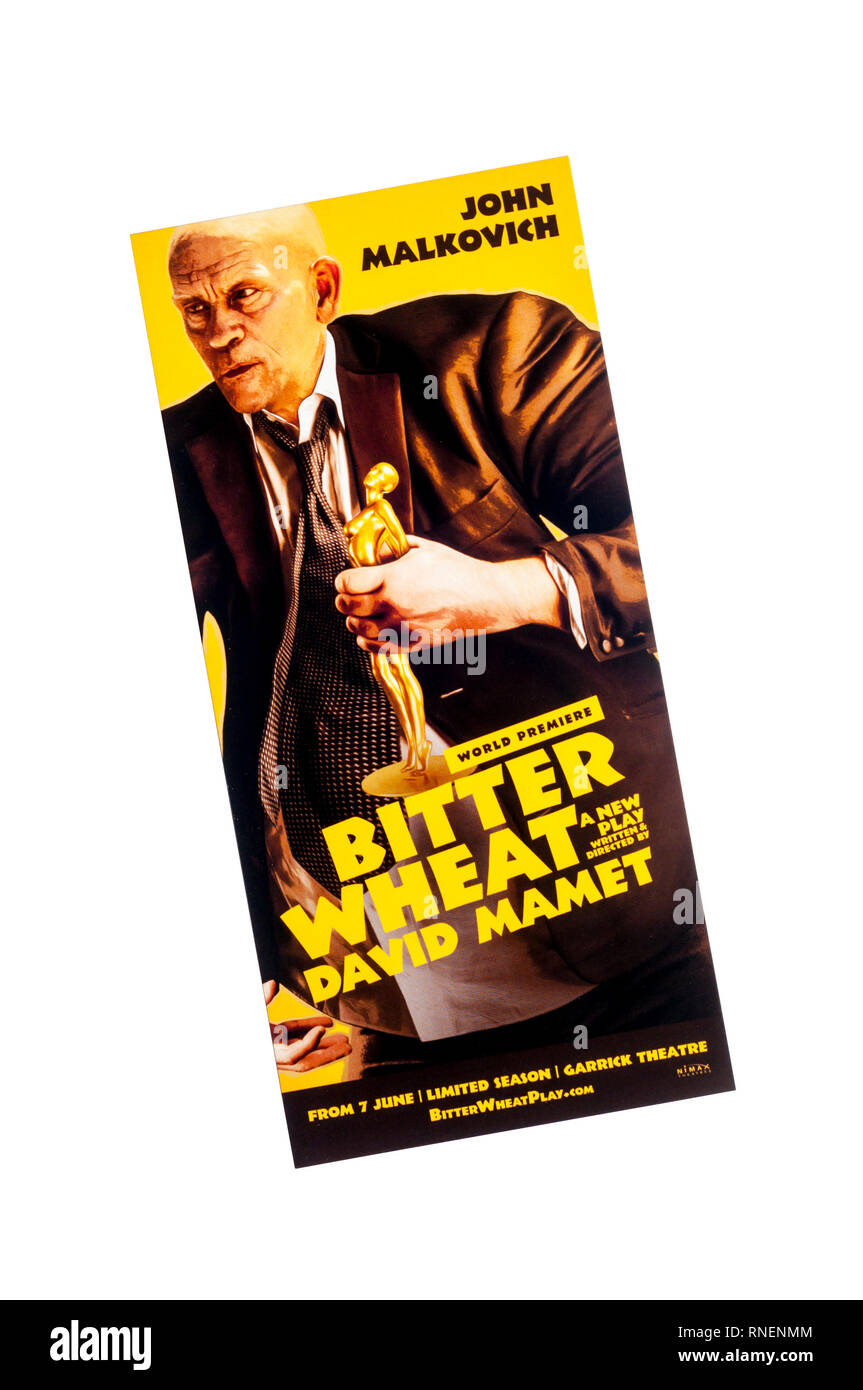Werbe Flyer für 2019 Weltpremiere Produktion von bitteren Weizen von David Mamet, im Garrick Theatre. Mit John Malkovich. Stockfoto
