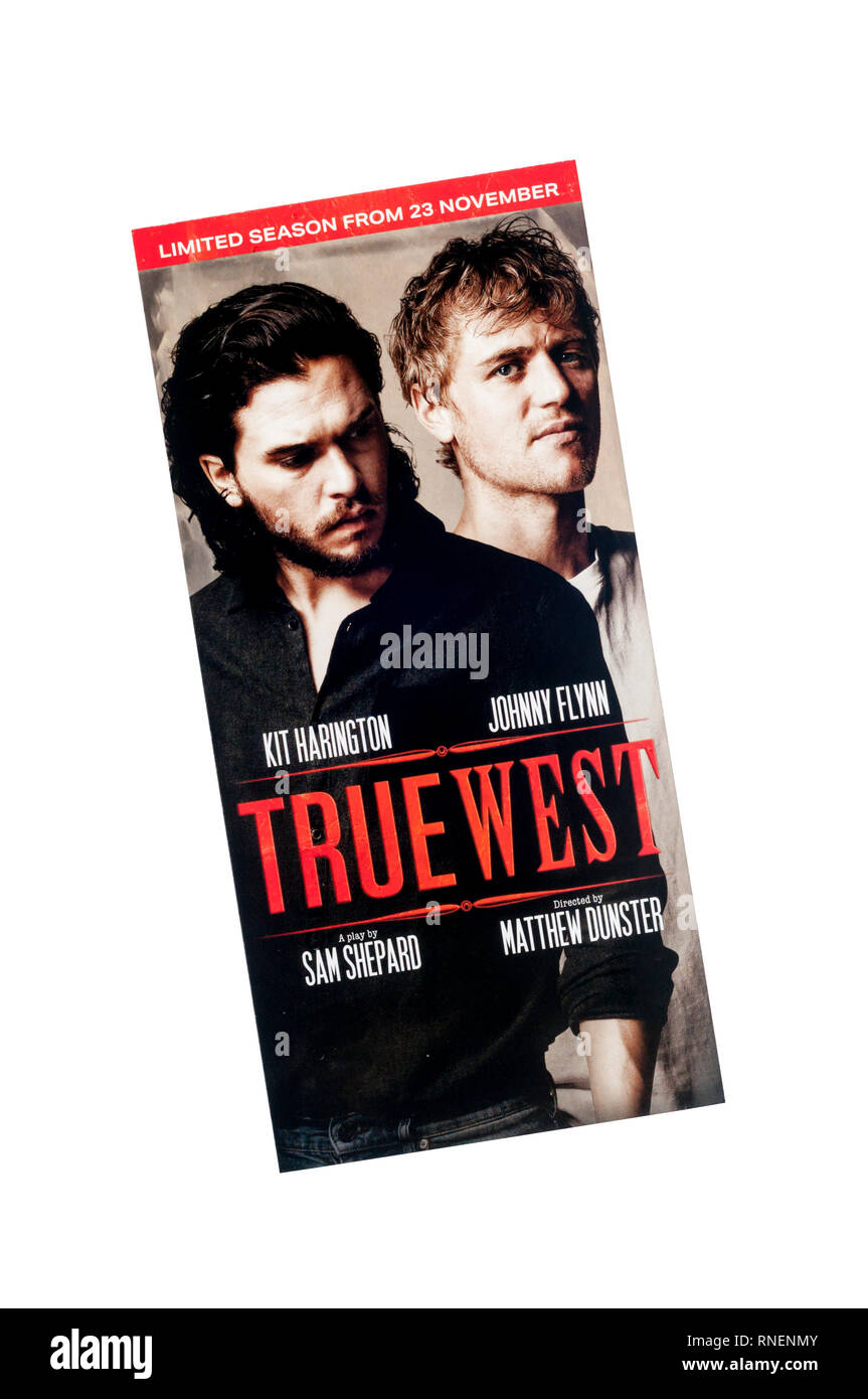 Werbe Flyer für 2018 Produktion von True West von Sam Shepard, im Varieté Theater, mit Kit Harington und Johnny Flynn. Stockfoto