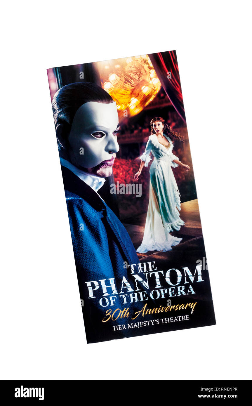 Werbe Flyer zum 30. Jahrestag des Phantom der Oper von Andrew Lloyd Webber. Am Her Majesty's Theatre. Stockfoto