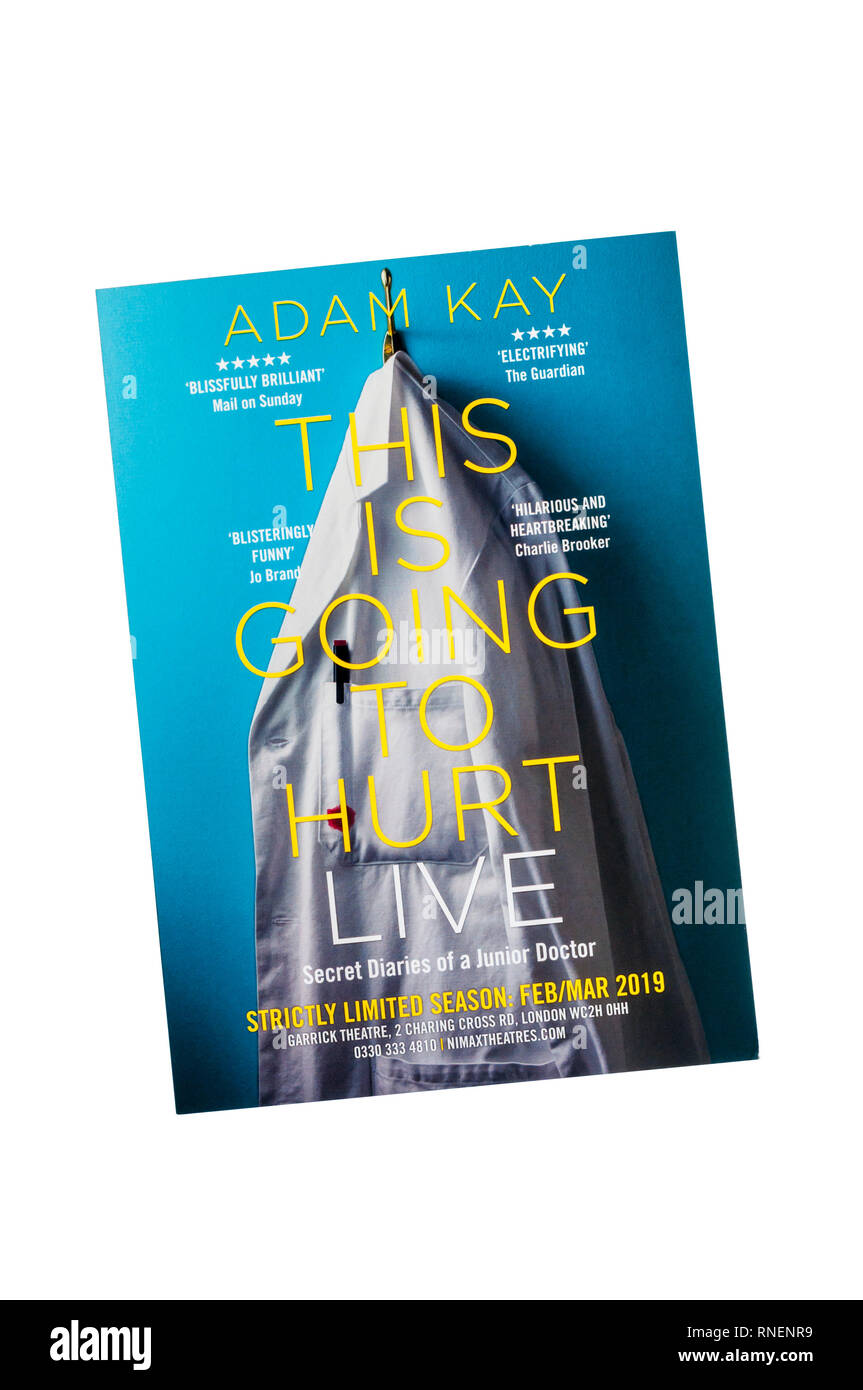 Werbe Flyer für das wird weh tun Live mit Adam Kay im Garrick Theatre. Stockfoto