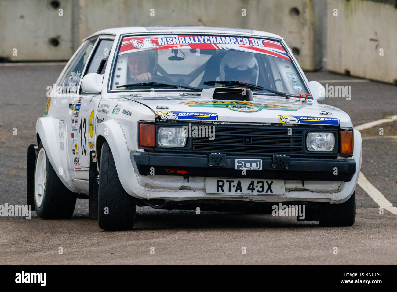 Talbot Sunbeam-Lotus, RTA 43 X, mit Fahrer Mike Taylor und co-pilot Martin Haggett während der 2019 Snetterton Bühne Rallye, Norfolk. Stockfoto