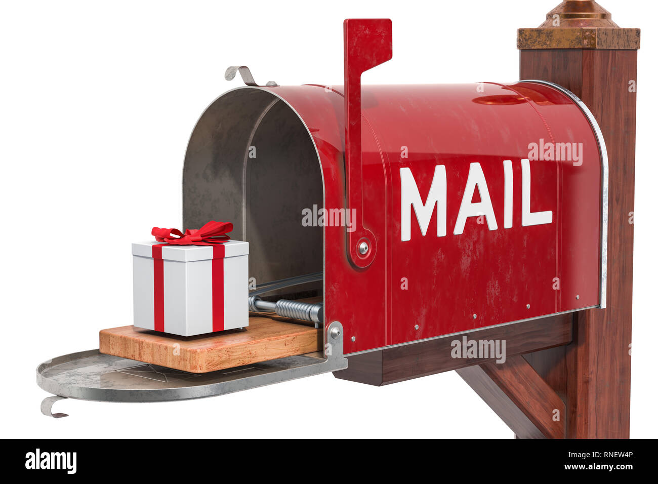 Mailbox und Mausefalle mit Geschenkbox inside, 3D-Rendering auf weißem Hintergrund Stockfoto